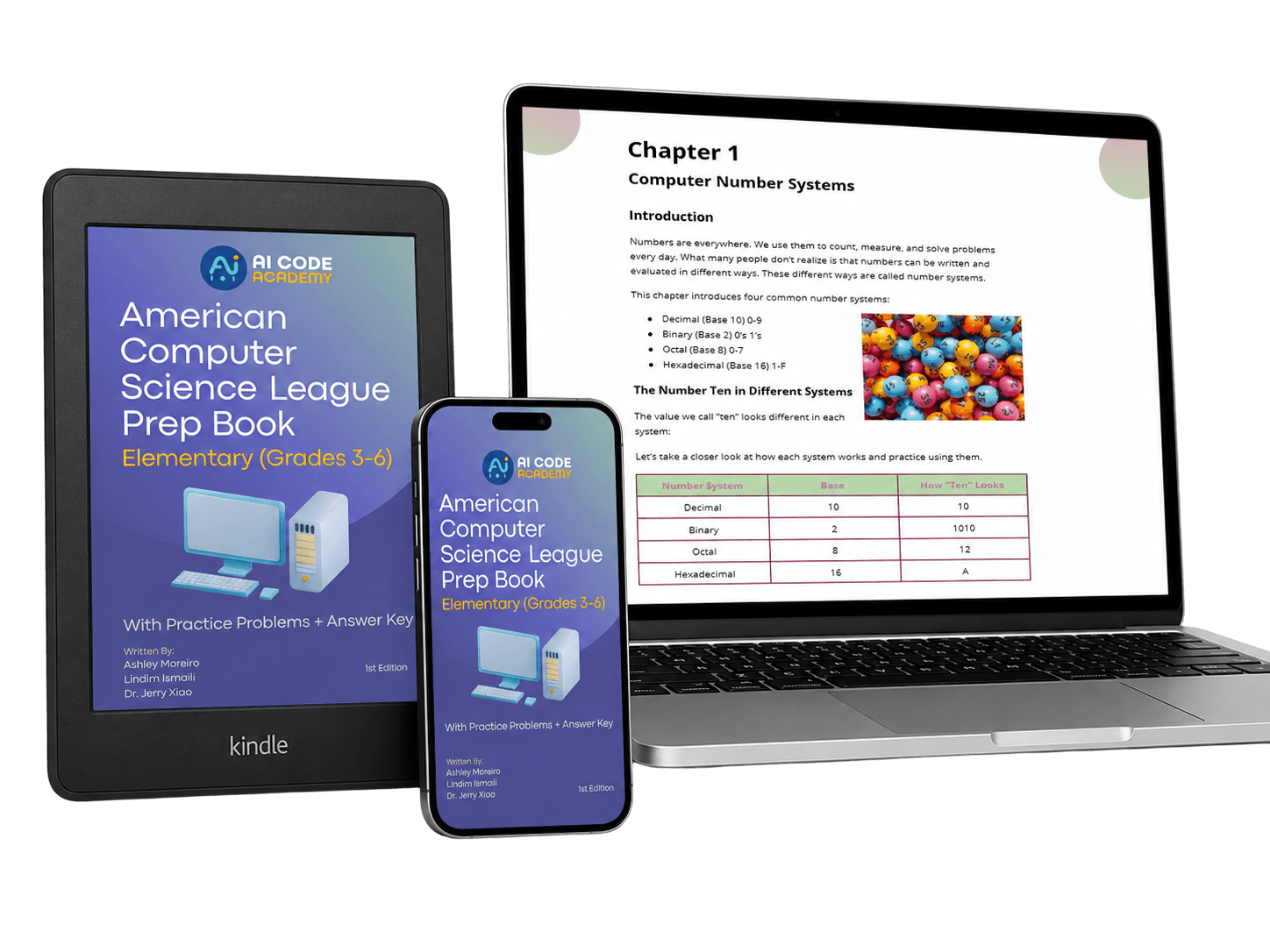 AI Code Academy ACSL textbook on Kindle, phone, and laptop